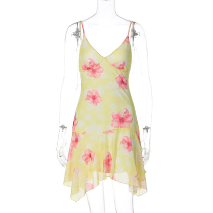 Women Clothing Summer Slim Fit Sexy Deep V Plunge Pure Youth Printed Strap Backless Dress