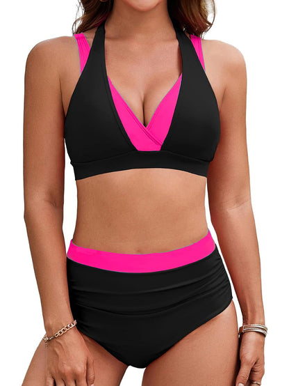 Bikini Color Matching Halter High Waist Sexy Bikini Split Swimsuit Women