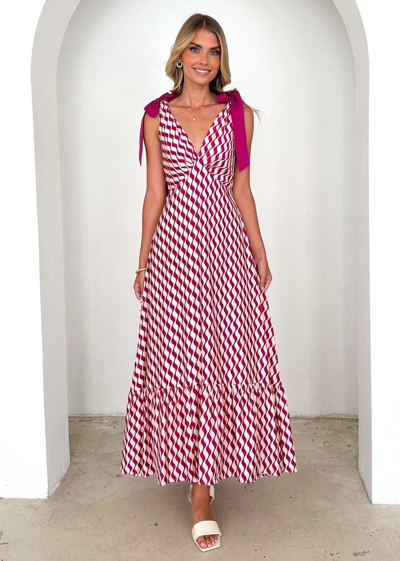 Summer Women Maxi Dress V neck Sleeveless Printed Dress