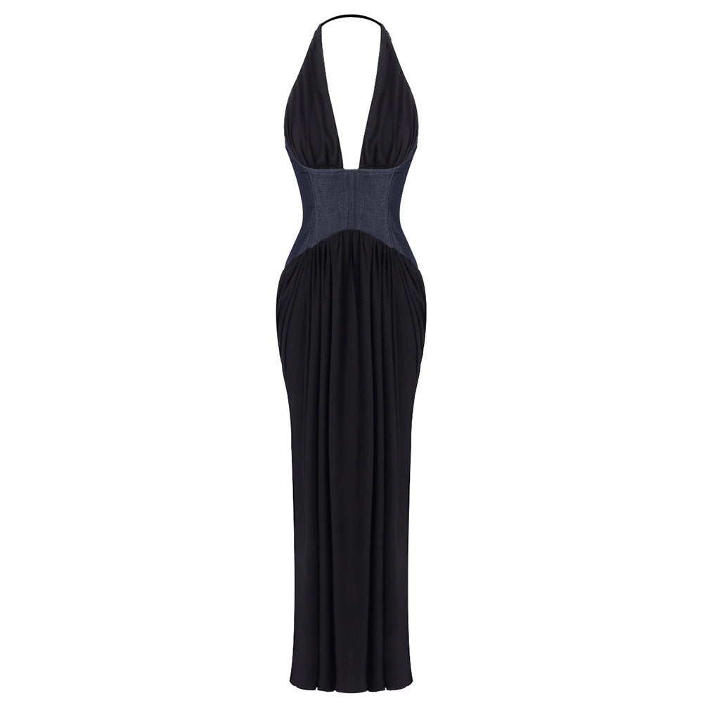 Halter Deep V Plunge Black Dress Denim Drawstring Slim Fit Maxi Drape Party Dress