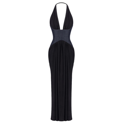 Halter Deep V Plunge Black Dress Denim Drawstring Slim Fit Maxi Drape Party Dress