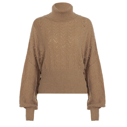 Retro Solid Color Turtleneck Hollow Out Cutout Batwing Sleeve Fitted Waist Sweater Women Graceful Fashionable Button Design Blouse