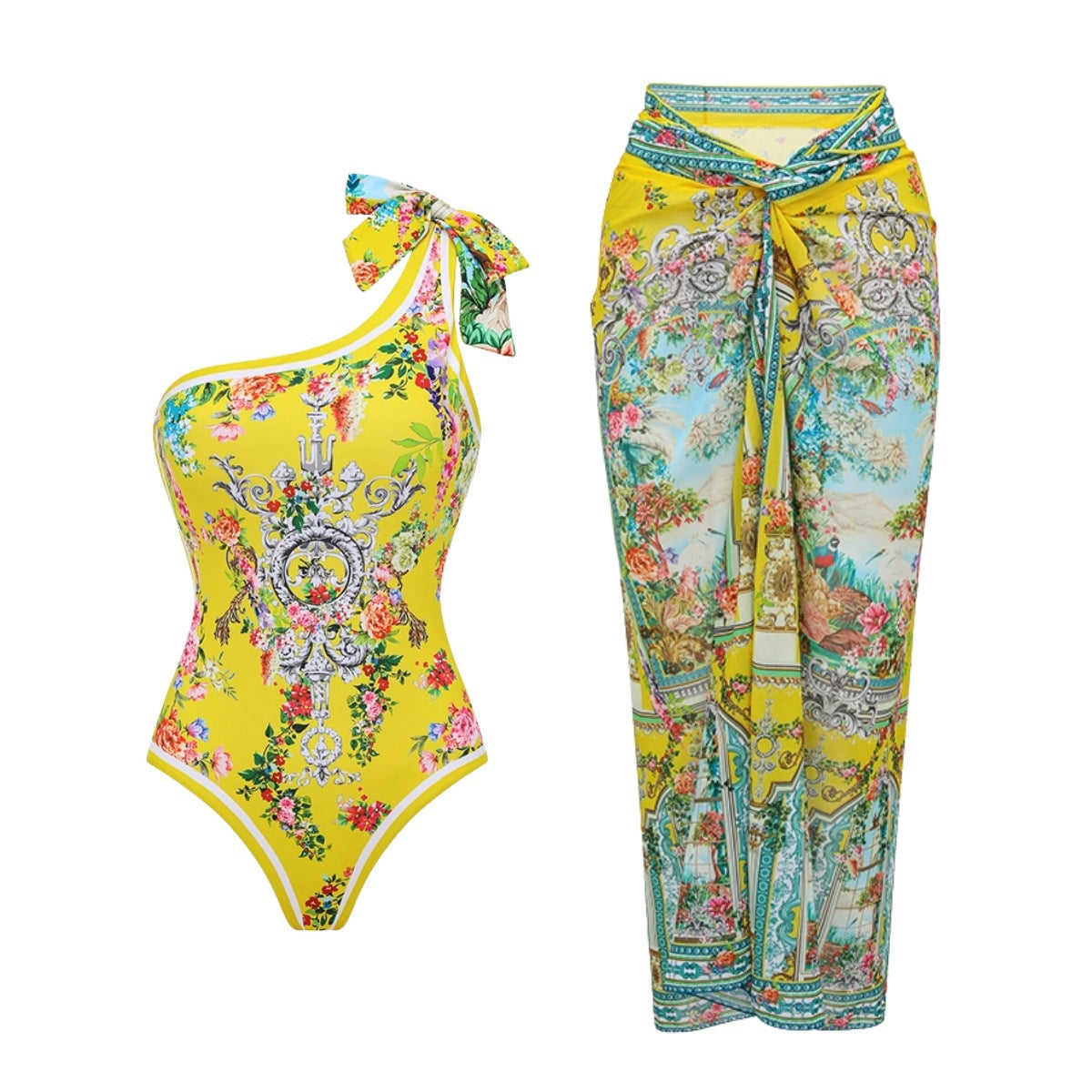 Swimsuit Bright Yellow Garden Print Vacation Swimsuit Women Long Skirt