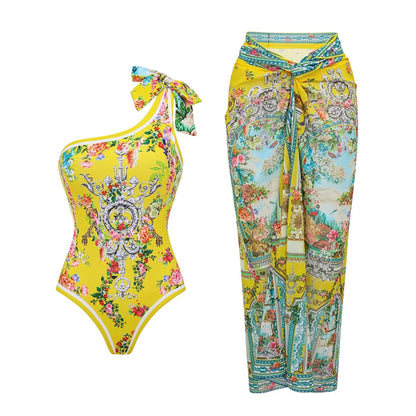 Swimsuit Bright Yellow Garden Print Vacation Swimsuit Women Long Skirt