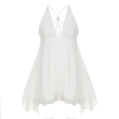 Butterfly Backless Pearl Chain Stitching Sexy V neck Halter Irregular Asymmetric Chiffon Dress Short Dress