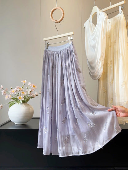 French High Grade Embroidery Sequin Streamer Yarn Women Summer Drape Fairy Cover Swing Maxi Skirt