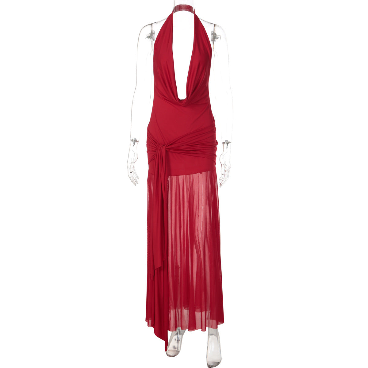 Women Spring Mesh Stitching Sexy Deep V Plunge neck Halter Split Elegant Dress