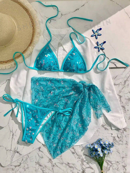 Summer Women Blue Sequined Spaghetti Strap Halter Holiday Sexy Beach Three Piece Bikini Swimsuit