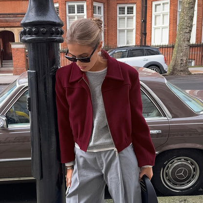 Autumn Elegant Wine Red Collared Cropped Jacket All Matching Loose Zipper Coat
