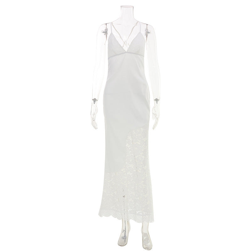 French Elegant Lace V neck Patchwork Strap Dress Hollow Out Cutout Sexy Backless Lace up Evening Dress