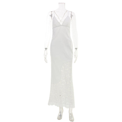 French Elegant Lace V neck Patchwork Strap Dress Hollow Out Cutout Sexy Backless Lace up Evening Dress