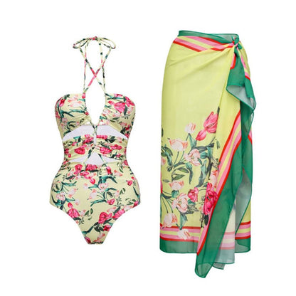 Vintage Floral Strap Hollow Out Cutout out Swimsuit Women Dress