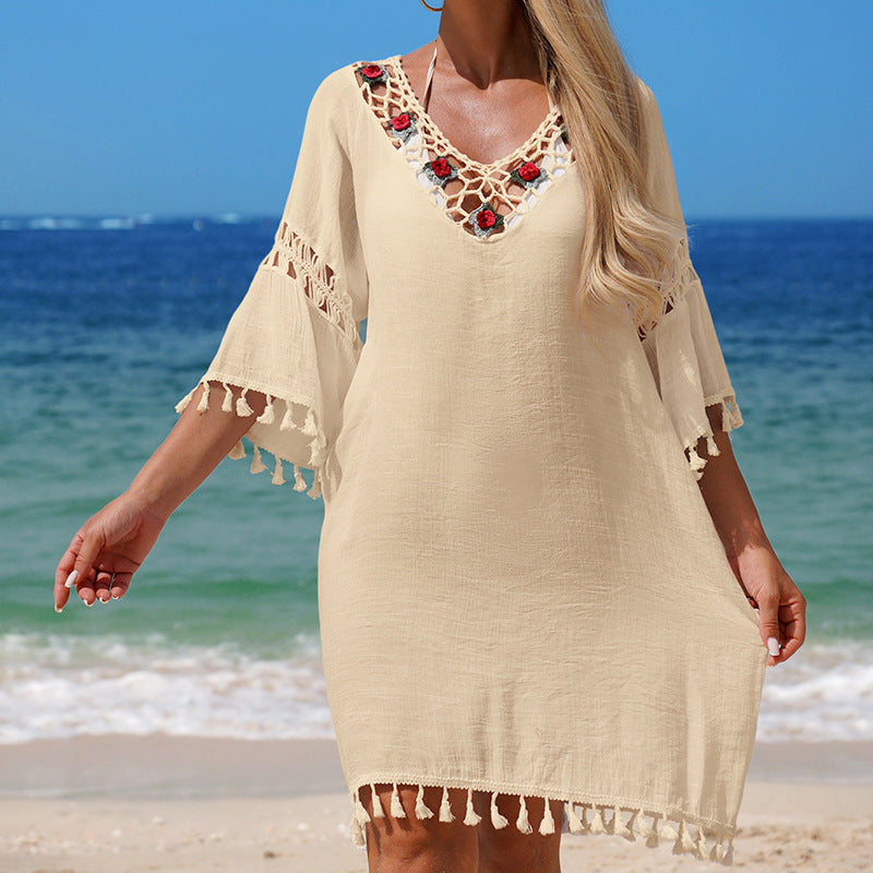 Women Clothing V neck Tassel Holiday Hollow Out Cutout Beach Dress Rose Embellished Hand Crocheting Patchwork Casual Loose Blouse