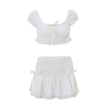 Spring Women Clothing Sexy Short Puff Sleeve Top Low Waist Slim Skirt Set