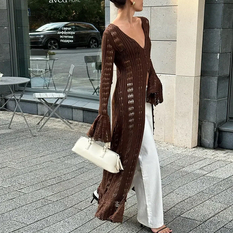 Solid Color Long Knitted Cardigan Coat Hollow Out Cutout Bell Sleeve Idle V neck Women Overall