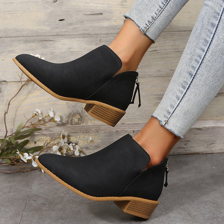 Plus Size Thick Heel Thin Ankle Boots Women Solid Color Pointed Toe Back Zipper Low Heel Shoes