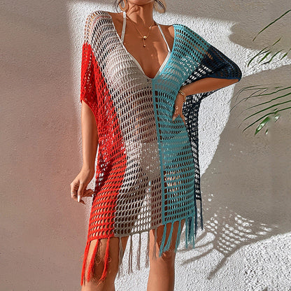 Rainbow Color Hollow Out Cutout Beach Cover up Seaside Holiday Bikini Cover Swimsuit Outwear Sun Protection Clothing