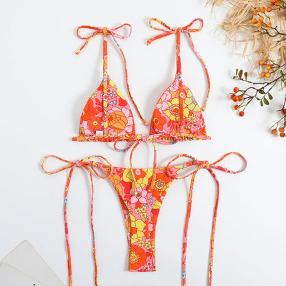 Lady Sexy Triangle Bikini Lace Up Duplex Printing Split Swimsuit Swimwear