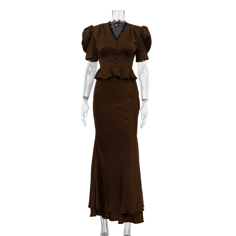 Oumeitong Qin Skirt Women V neck Puff Sleeve Top Hip Skirt Two Piece Sets