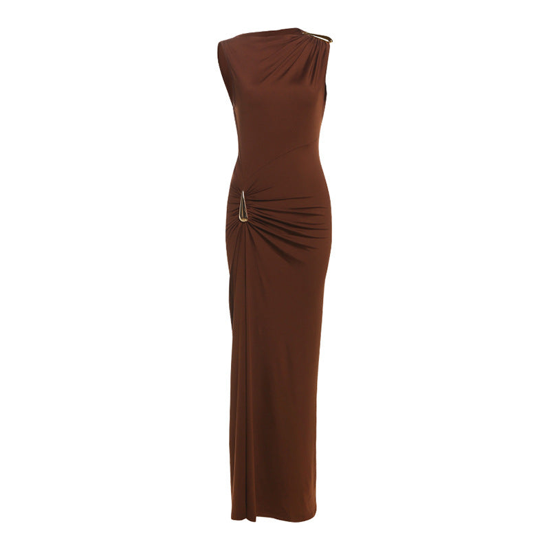 Women Clothing Summer Sexy Slim Metal Decorative Sheath Sleeveless Dress