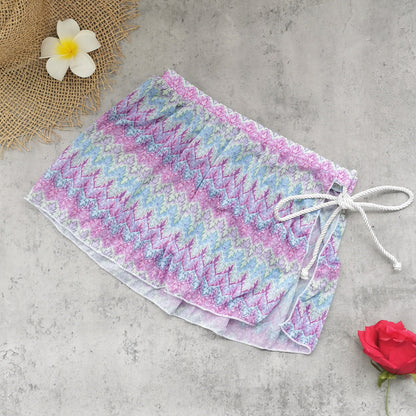 Women One Shoulder Lace up Tube Top Striped Printed Split Swimsuit Bikini Mesh Skirt Three Piece Sets