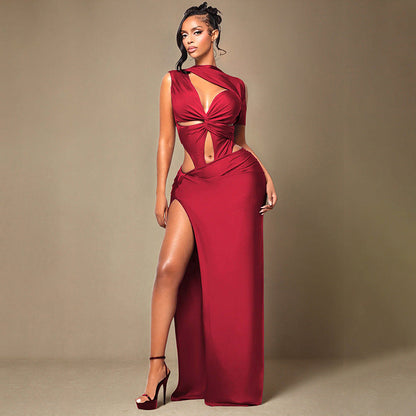 Women Clothing Summer Solid Color Saint Trope Single Sleeve Sexy Lace up Slim Fit Maxi Dress