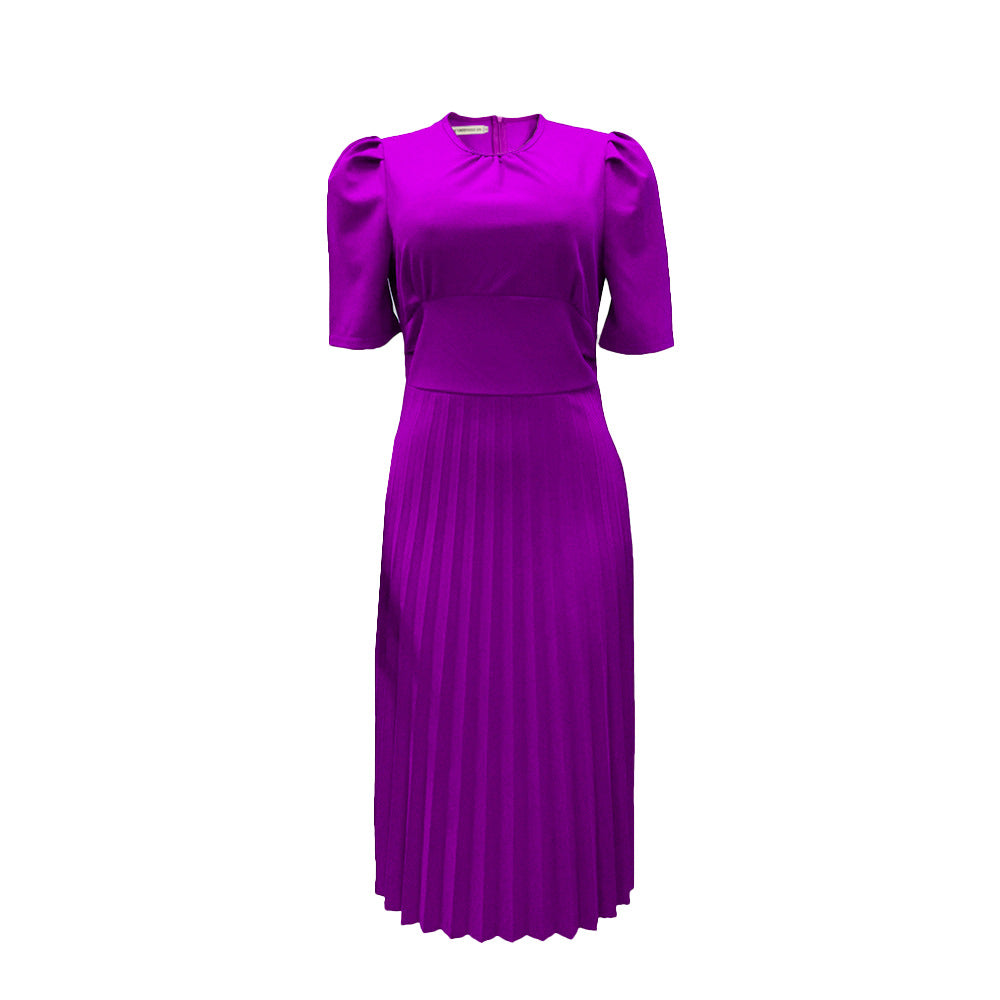 Summer Short Sleeve Pleated Solid Color Dress