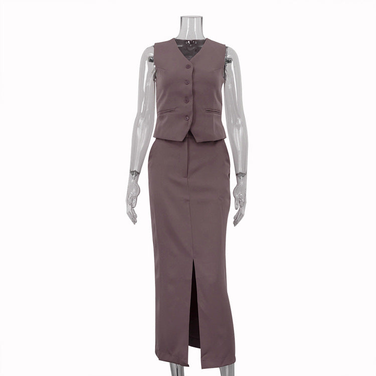 Vest Jacket Hip Skirt Set V neck Sleeveless Top Split Skirt Office Two Piece Set