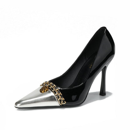 Design Color Matching Metal Chain Super High Heels Stiletto Pointed Toe Camellia Chanel Shoes