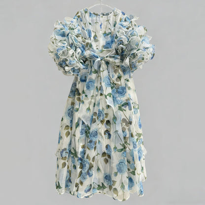 Retro Romantic Palace Rose Print Dress for Women round Neck Design Puff Sleeve Dress