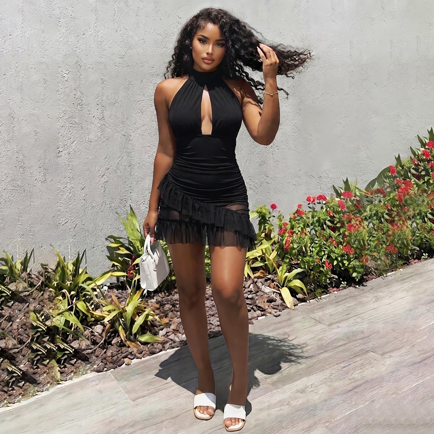 Summer Women Clothing Halter Backless Sexy Cutout See through Ruffled Sexy Sheath Dress