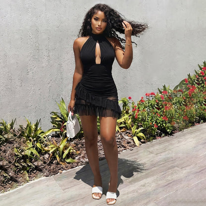 Summer Women Clothing Halter Backless Sexy Cutout See through Ruffled Sexy Sheath Dress