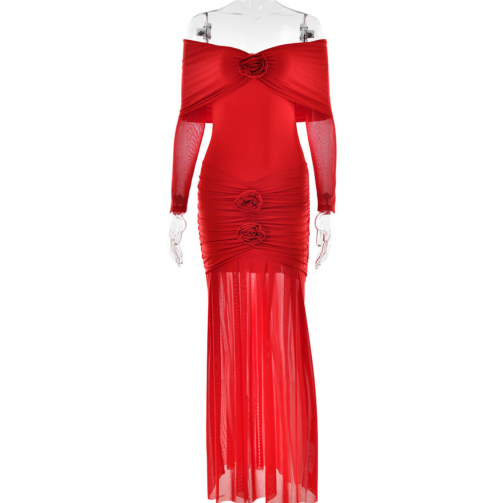 Spring Summer Sexy off The Shoulder Pleated Dress Floral Slim Fit Dress