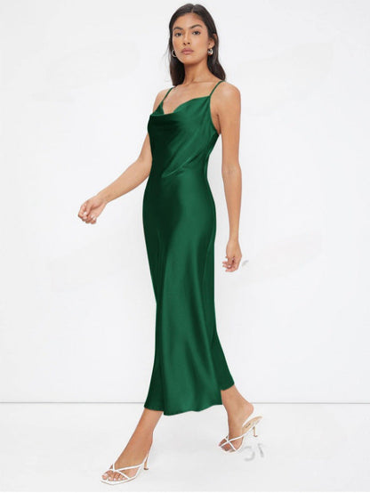 Women Clothing Spring Summer Satin Sling Deep V Plunge neck Slim Solid Color Dress