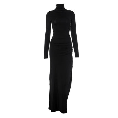 Autumn Solid Color Half High Collar Long Sleeves Slit Slim Fit Sexy Long Women Dress