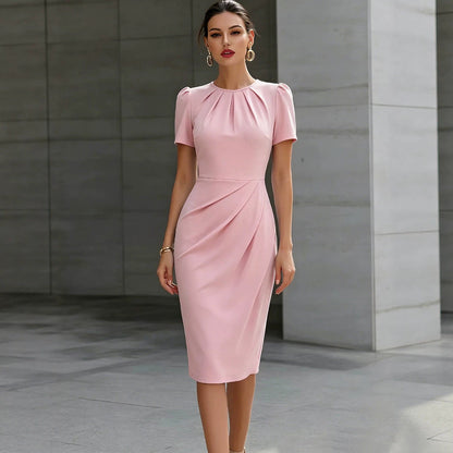 Women Clothing Pleated round Neck Short Sleeve Waist Controlled Midi Dress Solid Color Dress