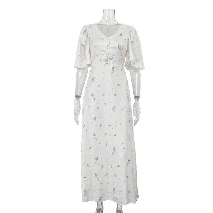 French V neck Floral Women Advanced Satin Short Sleeve High Waist Elegant Maxi Dress