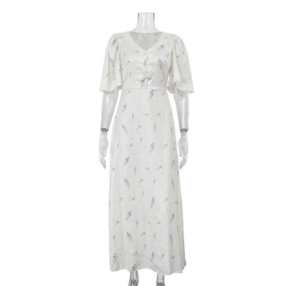 French V neck Floral Women Advanced Satin Short Sleeve High Waist Elegant Maxi Dress
