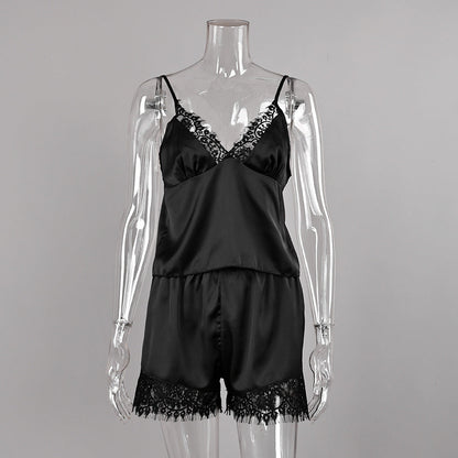 Women Pajamas Satin Stitching Lace Suspender Shorts Two Piece Set Summer Loungewear