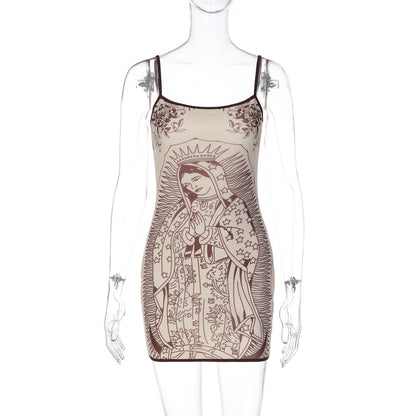 Figure Print Slim Short Hip Hugger Strap Dress Women Clothing