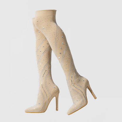 High Heel Pointed Toe Stretch Socks Rhinestone Pattern Stiletto Outdoor Sexy Women Shoes