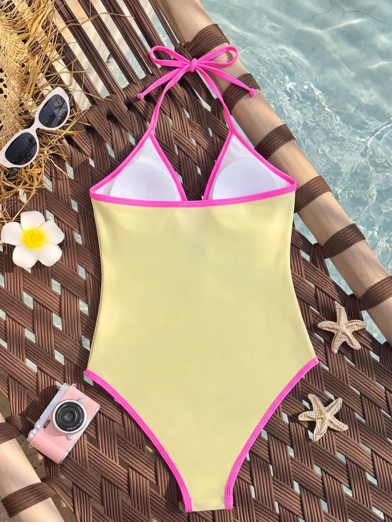 One Piece Bikini Contrast Color Halter Lace up Chest Hollow Out Cutout out Small Embellished Sexy Bikini Women