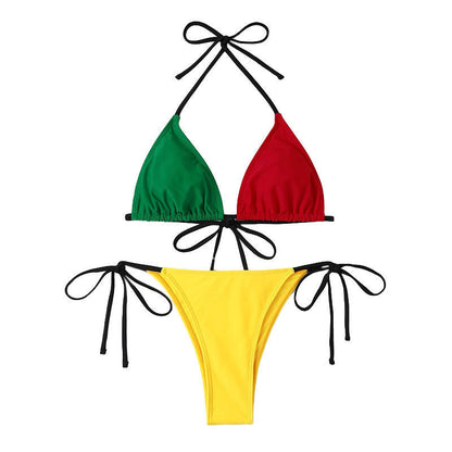 Color Contrast Patchwork Split Bikini Tied High Waist Swimsuit Women Sexy Swimsuit