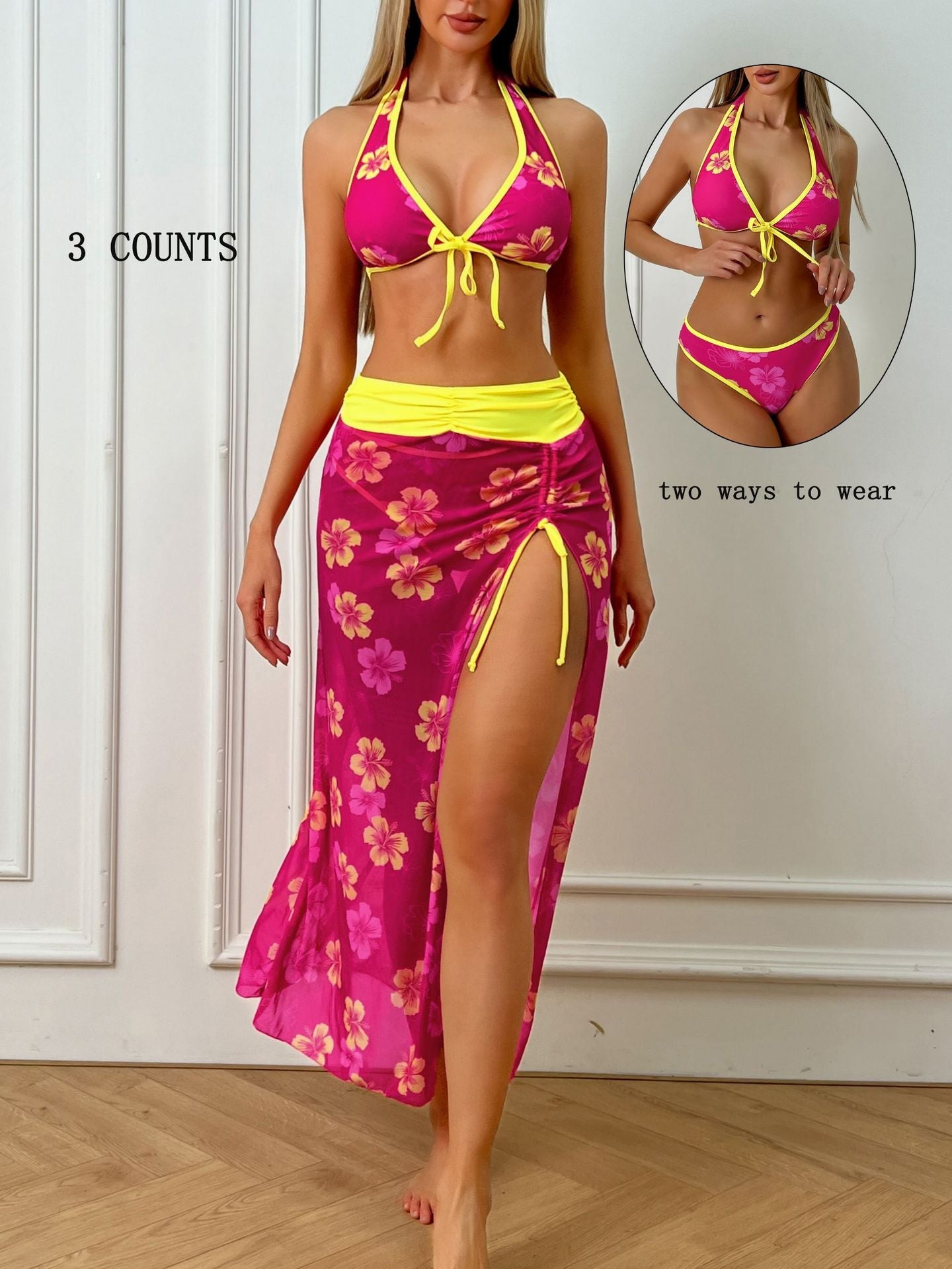 Sexy Halter Lace up Backless Floral Overskirt Three Piece Bikini Swimsuit