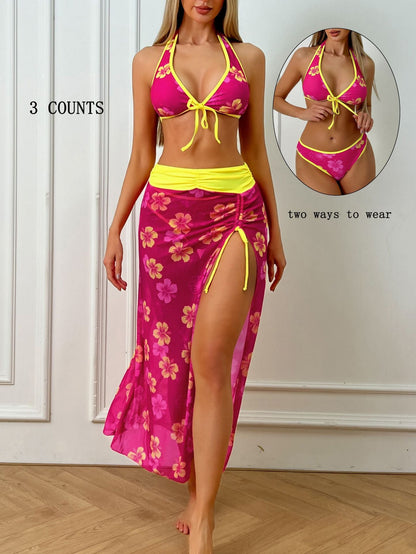 Sexy Halter Lace up Backless Floral Overskirt Three Piece Bikini Swimsuit