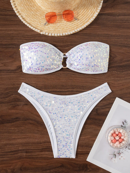 Split Sequ Solid Color Sexy Tube Top Banded Bikini