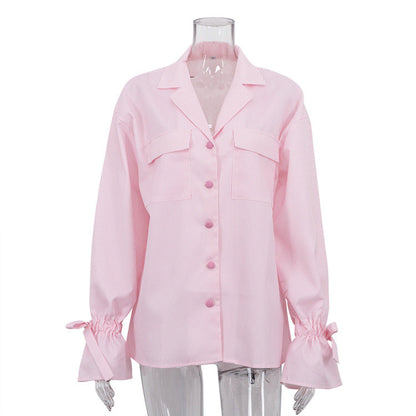 Fashionable Striped Office French Shirt for Women Spring Autumn Printing Collared Bell Sleeve Loose Pockets Shirt