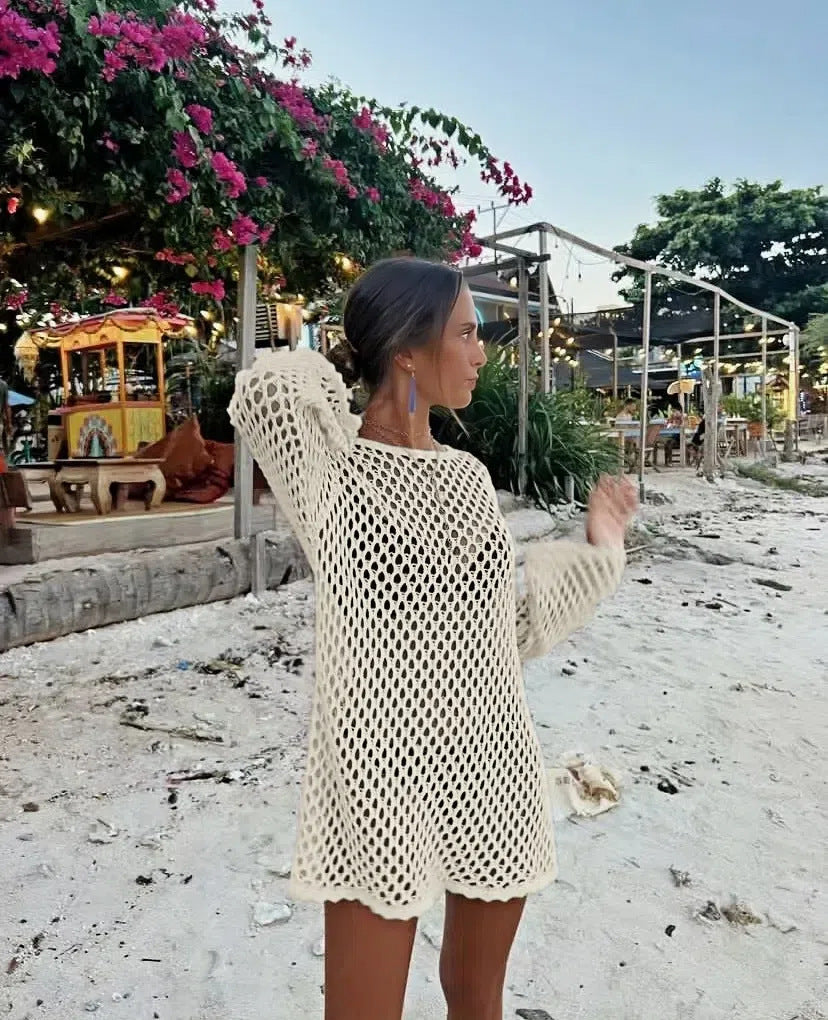 Knitted Hollow Out Cutout Sexy Sun Protection Shirt Bikini Cover-up Women Swimsuit Blouse Vacation Beach Outer Pullover