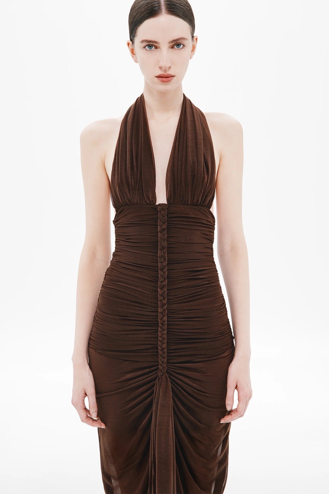 Women Clothing Sexy V neck Slim Fit Pleated Hip Backless Halter Dress
