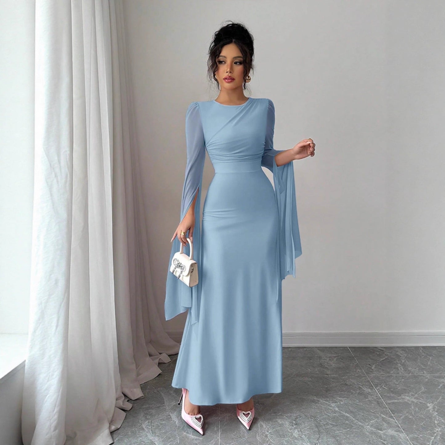 Spring Stitching Mesh Large Swing Sleeves Sexy Slim Fit Fishtail Dress